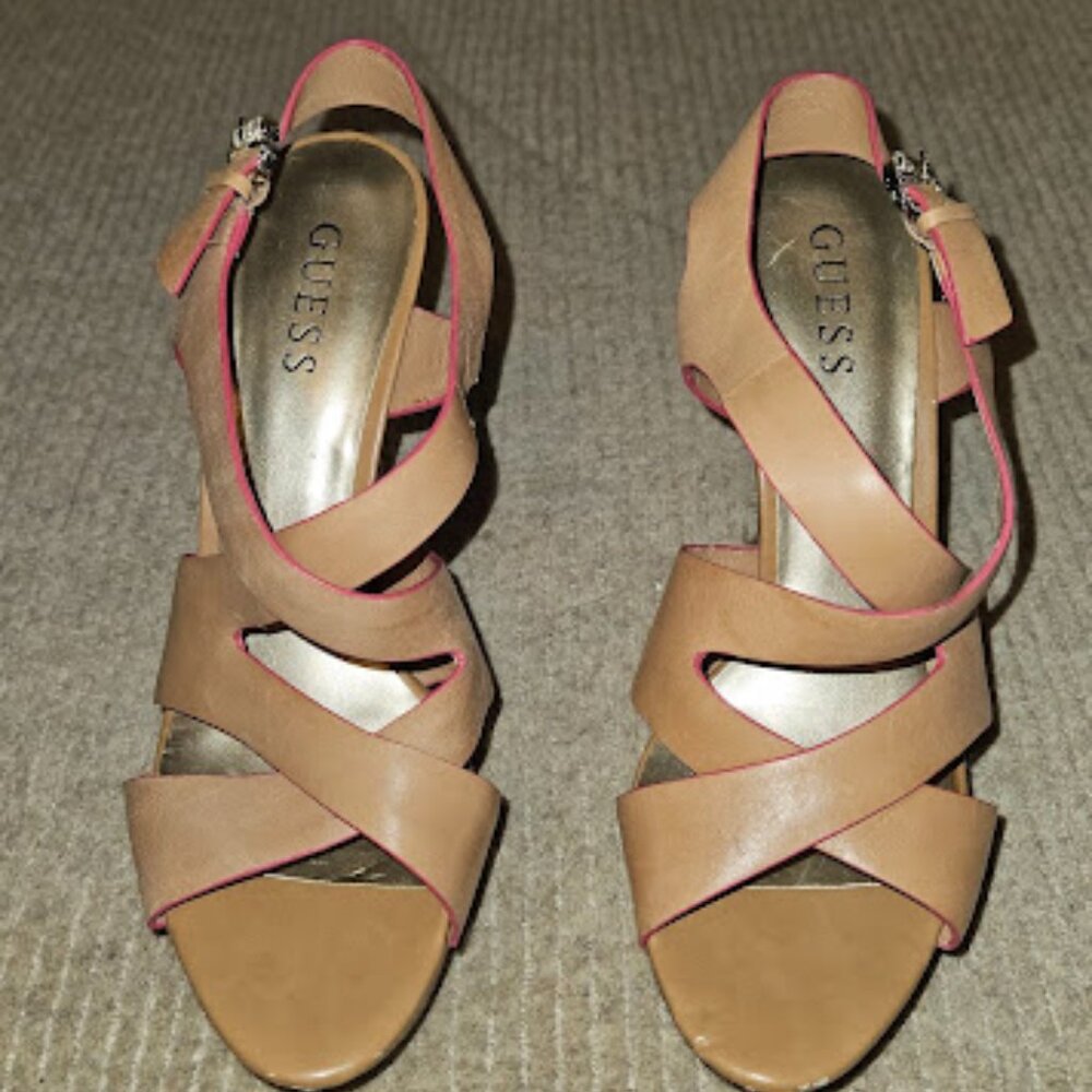 Guess strappy tan/pink leather heels, size 7.5